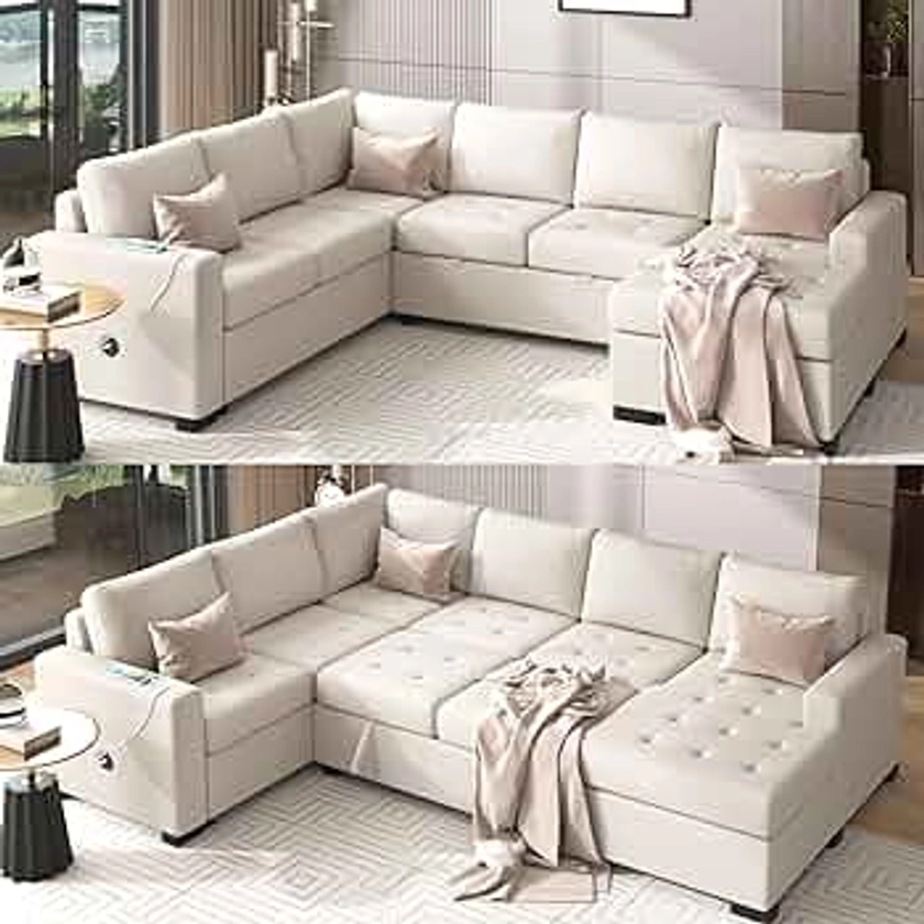 U Shaped Oversized Convertible Sectional Sofa with Pull Out Bed and Chaise Lounge, Chenille Upholstery Sleeper Corner Couch Sofabed w/ USB and Type-C port , Tufted Sofá Cama for Living Room Furniture