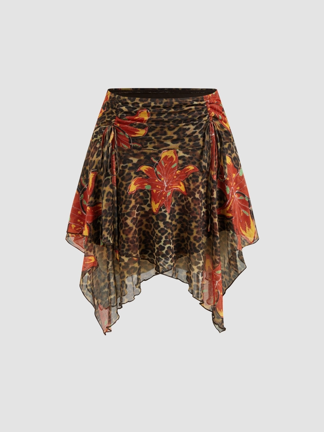 Mid Rise Leopard Floral Drawstring Asymmetric Hem Mini Skirt