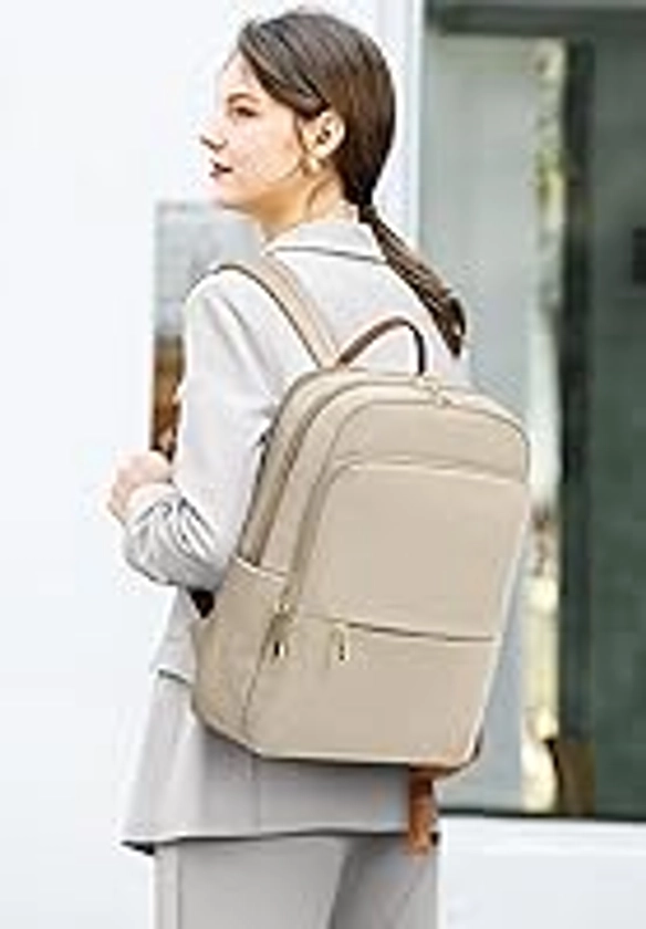 DIRRONA Backpack Women Fashion Casual Business Backpack Large Capacity Work School Bag Waterproof Travel Shoulder Bag 14-Inch Laptop Nylon Womens Backpack Apricot