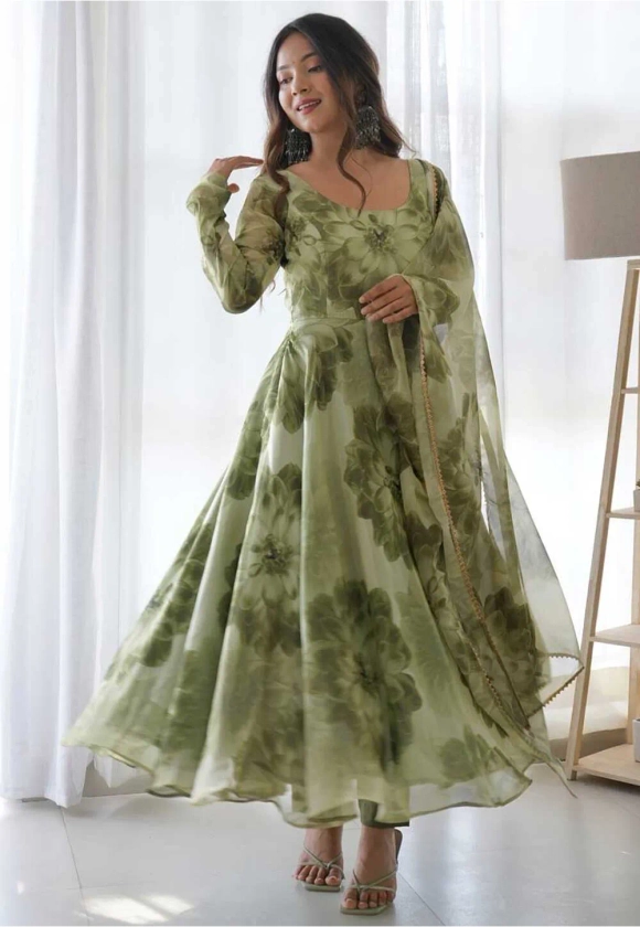 Digital Printed Organza Silk Abaya Style Suit in Olive Green