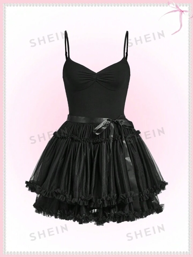 SHEINNeu Vestido negro de tutú coqueto Kawaii con moño de ballet para fiesta de verano