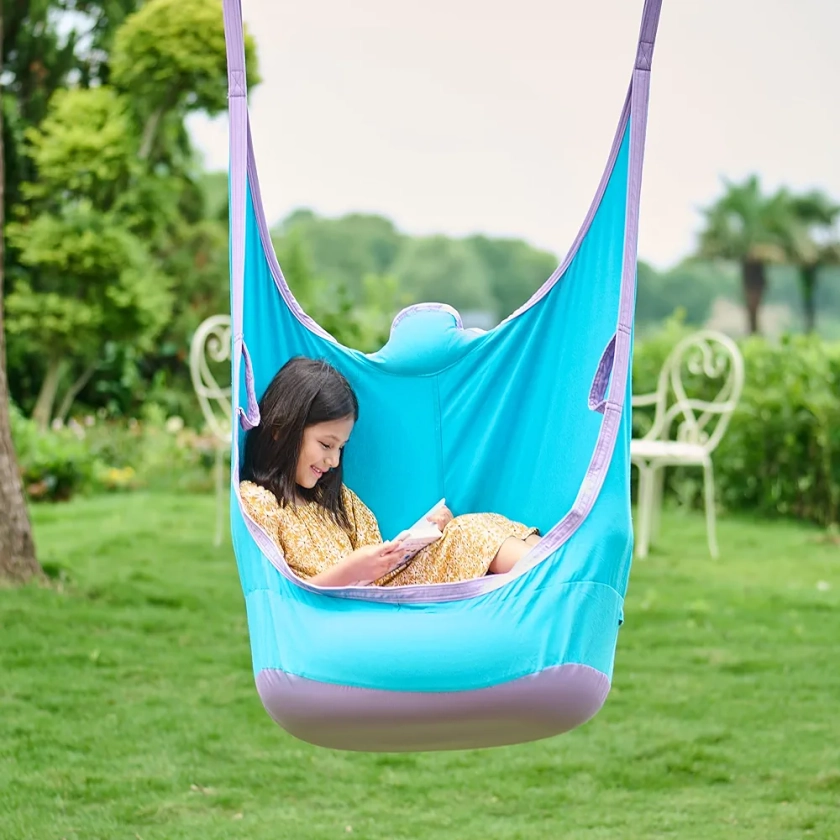 CO-Z Upgraded Kids Pod Swing, Hanging Pod Swing Chair with Inflatable Cushion, Child Hanging Hammock Swing for Indoor and Outdoor, Sensory Pod Swing for Kids (Two Straps, Blue)