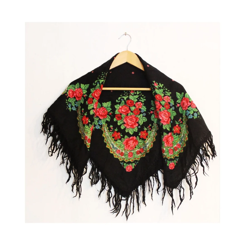 Black Wool Ukraine Shawl With Flowers Babushka Shawl Ussr Vintage - Etsy Australia