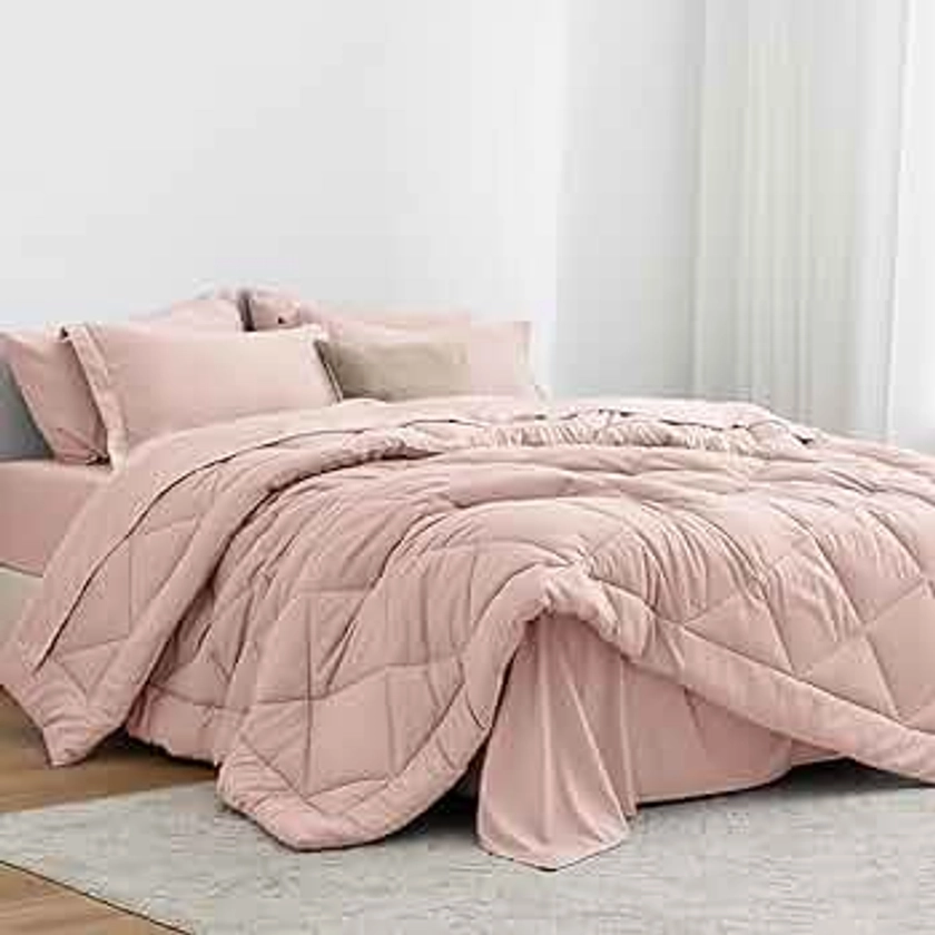 Love's cabin Full Comforter Set Pink, 7 Pieces Full Bed in a Bag, All Season Full Bedding Sets with 1 Comforter, 1 Flat Sheet, 1 Fitted Sheet, 2 Pillowcase and 2 Pillow Sham