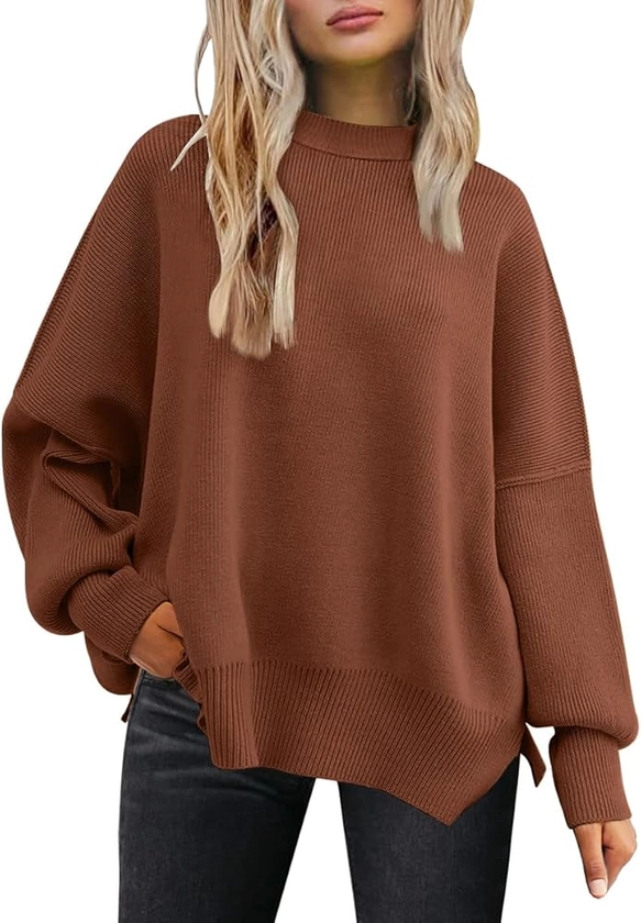 LILLUSORY Women's Oversized Batwing Sweaters 2024 Fall Outfits Crewneck Ribbed Knit Side Slit Trendy Pullover Tops Brickred M at Amazon Women’s Clothing store