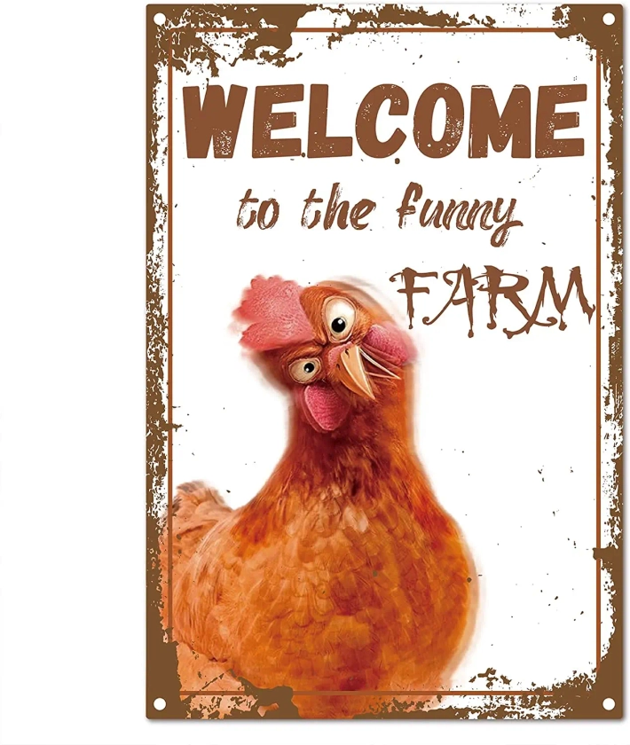 Welcome to The Funny Farm Sign Chicken Metal Tin Signs  Garage Farmhouse Garden Bar Club Bathroom Door Yard Decorations