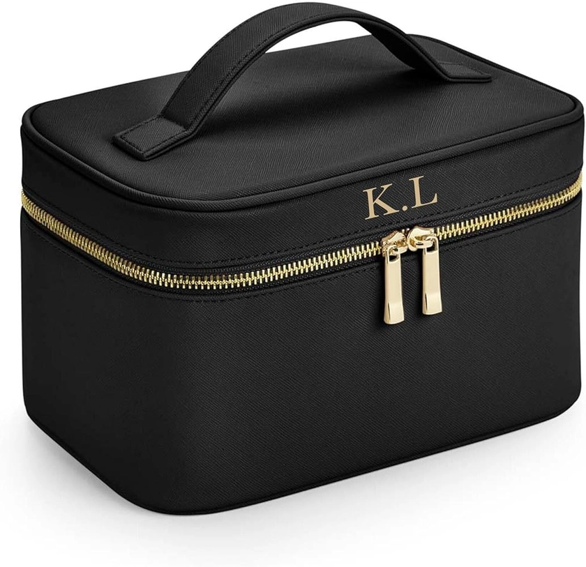 Personalised Vanity Case, Custom Initials, Large Cosmetic Case, Gift for Girls, Ladies Make Up Bag, Travel Accessories, Leather Toiletry Bags (Black)