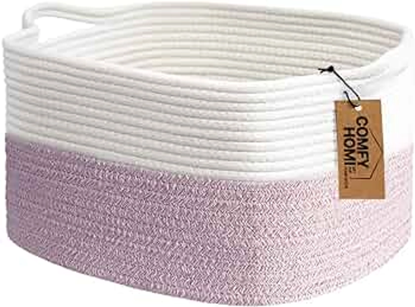 COMFY-HOMI Cotton Rope Woven Medium Basket with Handles for shelf，Cloth Storage Basket for Organizing-13.5X11X9.5 Storage Bin for Bedroom, Newborn or Infant Gift for boy girl （White/Pink）