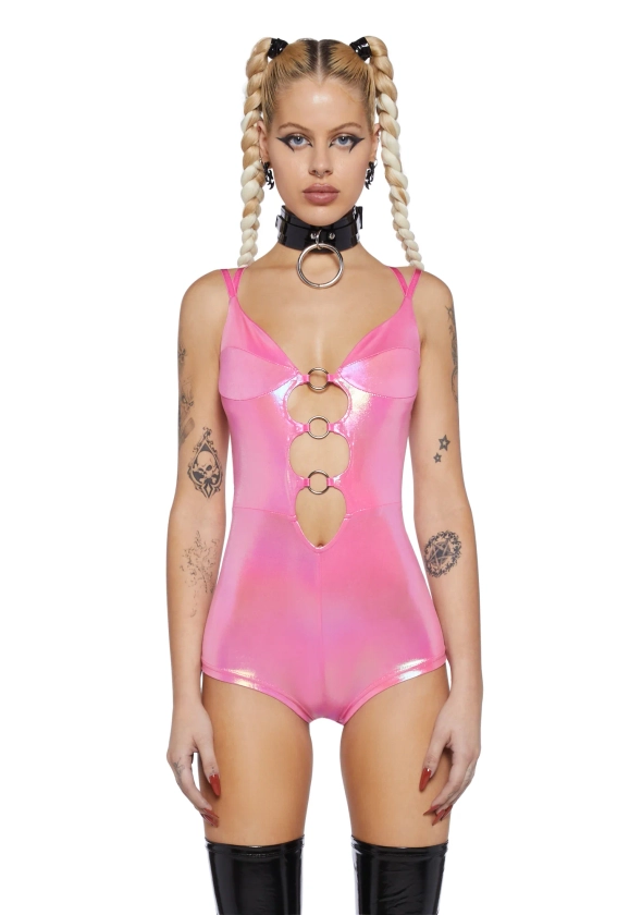 Club Exx Holographic Vegan Leather Cut Out Romper - Pink
