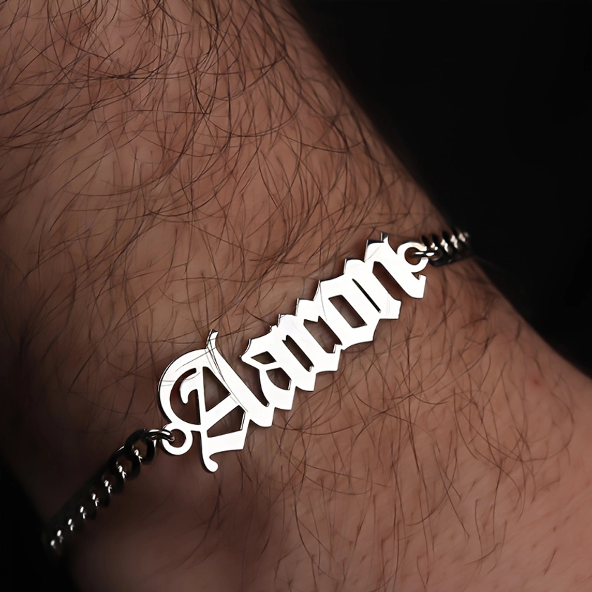 1pc Custom Name Men's Bracelet, Punk Stainless Steel Cursive Letters Chain Bracelet, Custom Personalized Adjustable Nameplate Jewelry Holiday Gift