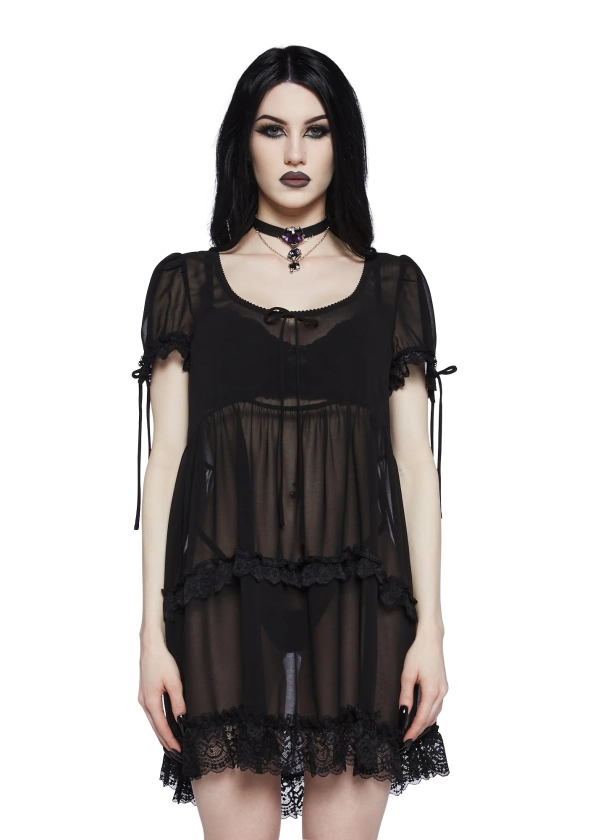 Widow Chiffon Lace Baby Doll Mini Dress- Black