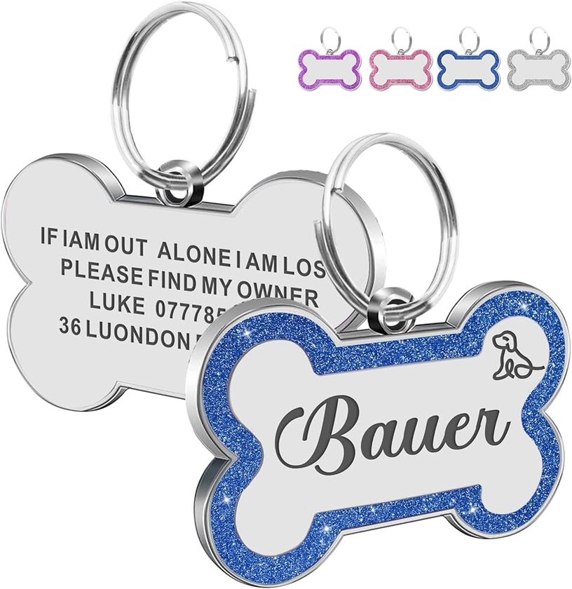 Dog Tags for Pets Engraved UK Personalised ID Tags for Dogs with Any Name & Text Dog Collar Glitter Bone Dog Tag Custom Stainless Steel Dog Name Tag for Puppy Pet Dogs (Blue L, Bone) : Amazon.co.uk: Pet Supplies