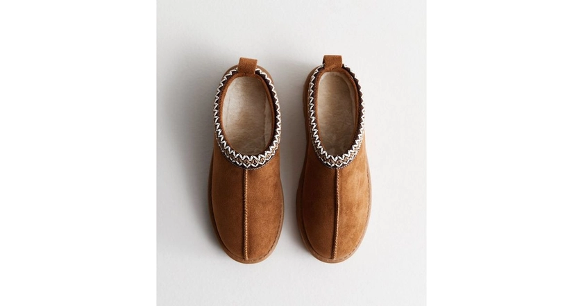Truffle Tan Suedette Embroidered Trim Slippers | New Look