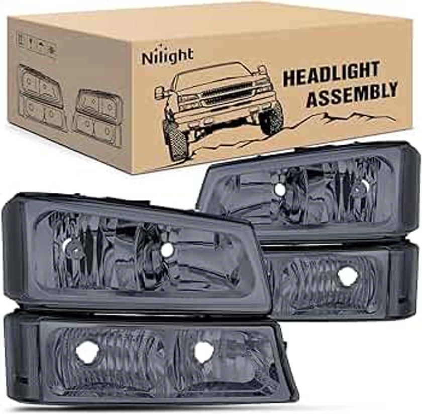 Nilight Headlight Assembly for 2003 2004 2005 2006 Chevy Silverado Avalanche 1500 1500HD 2500 2500HD 3500 Chevrolet Pickup Replacement Headlamp Housing Bumper Lamp Set