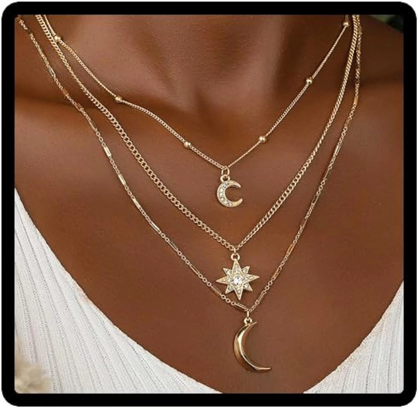 Danshinbow Layered Moon Necklace Gold Adjustable Lucky Star Necklace Jewelry for Women and Girls