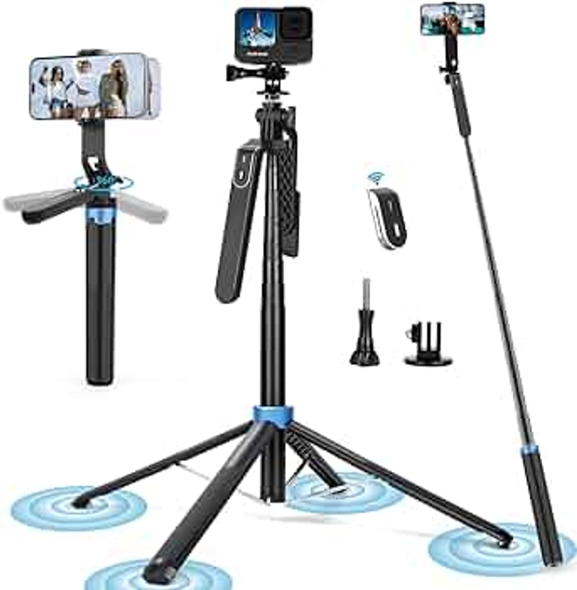 Eocean Tripode para Celular de 180 cm, Tripie Cuadrúpedo con Mando a Distancia Recargable Desmontable, Selfie Stick con asa de Equilibrio de 360°, Palo Selfie para Celular para iPhone/GoPro/Insta360