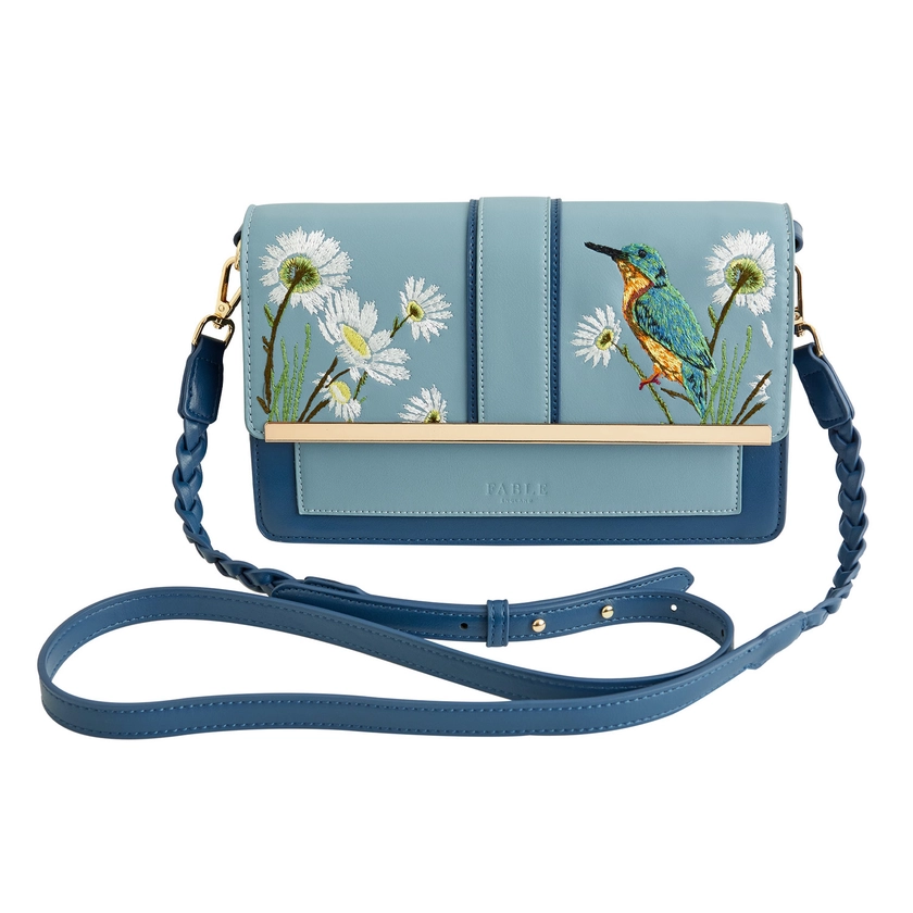 Fable England Embroidered Kingfisher Blue Cross Body Bag by Fable England