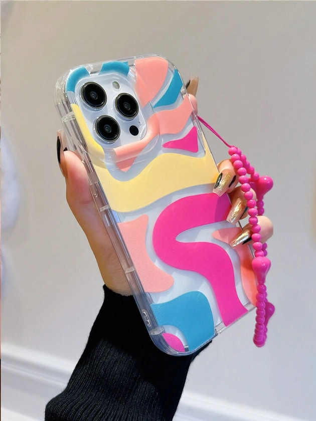 Colorful Graffiti Oil Painting, Wavy Pattern, Shockproof Phone Case With Heart Lanyard, Compatible With Apple IPhone 14 Pro Max, New Trendy Model Compatible With IPhone 13, Girly 15, Premium 13 Pro Max, Transparent 12/12 Pro, Elegant 11, 12 Pro Max