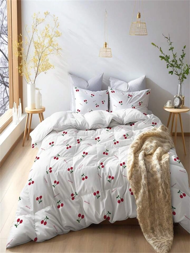 3pcs Cherry Pattern Comfortable Warm Duvet Cover Set Suitable For Bedroom, Guest Room | SHEIN UK