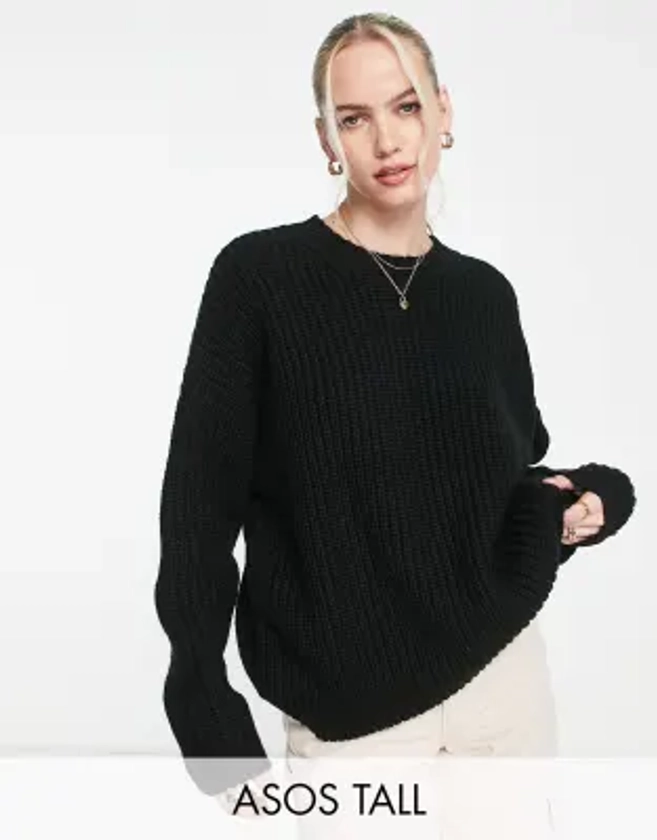 ASOS DESIGN Tall - Pull ras de cou en maille nervurée épaisse - Noir | ASOS