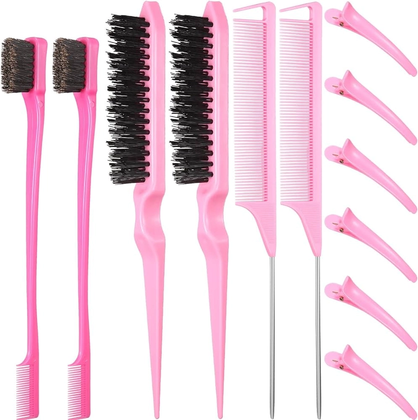12 Pieces Hair Brush Set, Nylon Teasing Hair Brushes 3 Row Salon Teasing Brush, Double Sided Hair Edge Smooth Comb Grooming, Rat Tail Combs with Duckbill Clips for Women Girls (Pink)