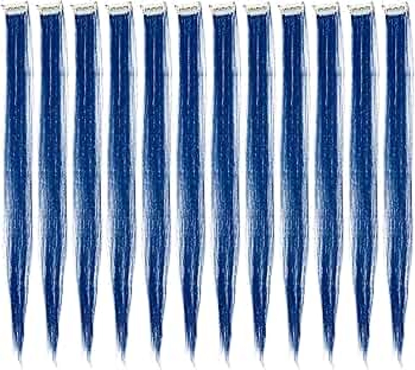 SWACC 12 Pcs Straight One Color Party Highlights Clip on in Hair Extensions Colored Hair Streak Synthetic Hairpieces (Blue)