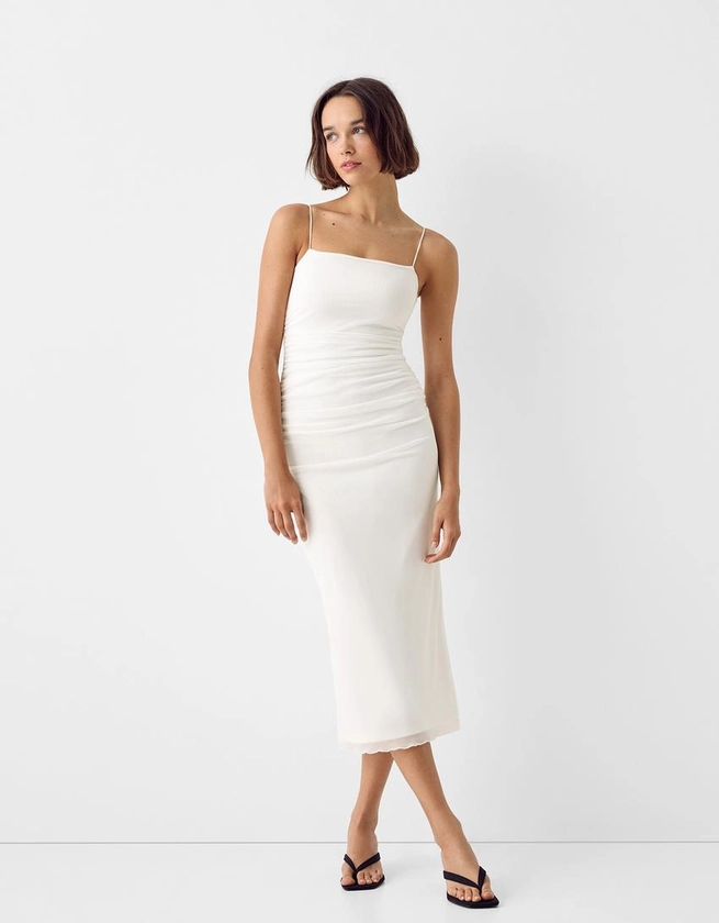 Robe midi bretelles froncée - Femme