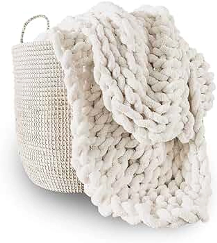 Adyrescia Chunky Knit Blanket Throw | 100% Hand Knit with Jumbo Chenille Yarn (30"x40", Cream White)