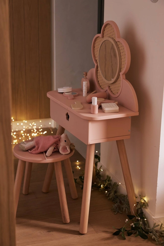 Coiffeuse cannage + accessoires en bois FSC® - rose