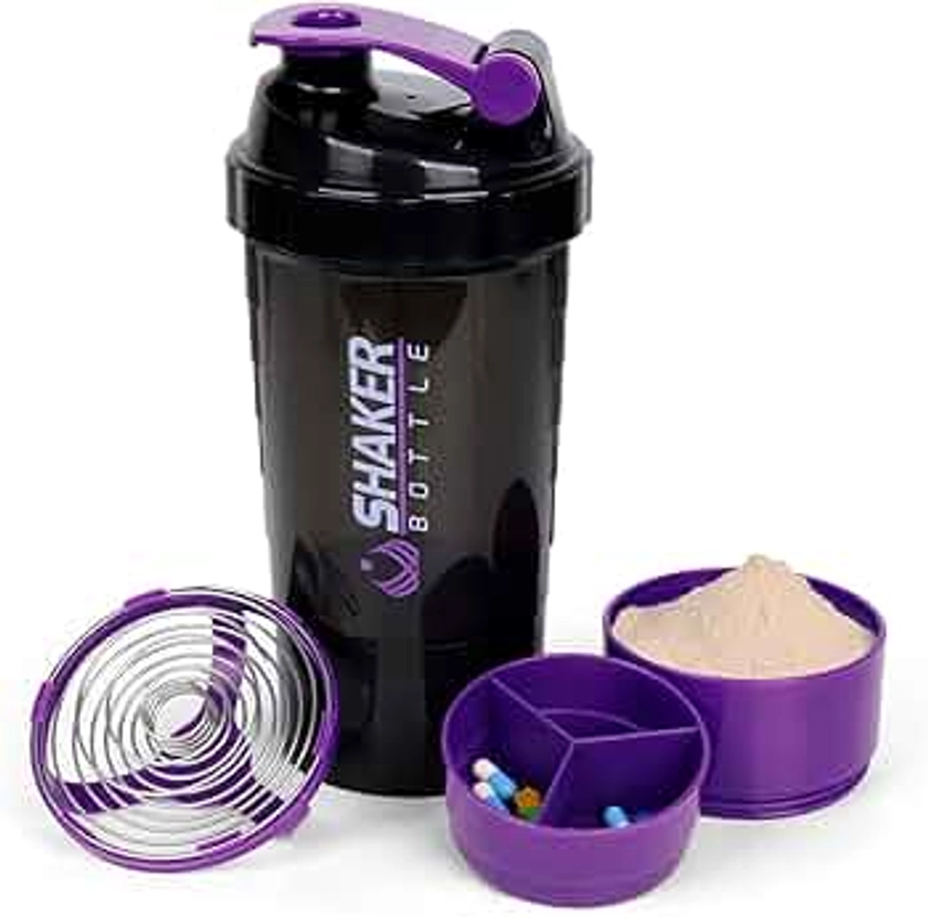 Shaker Bottle Protein Shaker Bottles with Storage and Mix Ball, 16OZ Sports Water Bottle with Pill Organizer,Leak Proof Portable Shaker Bottles for Protein Mixes and Pre Work Out,BPA Free(purple)