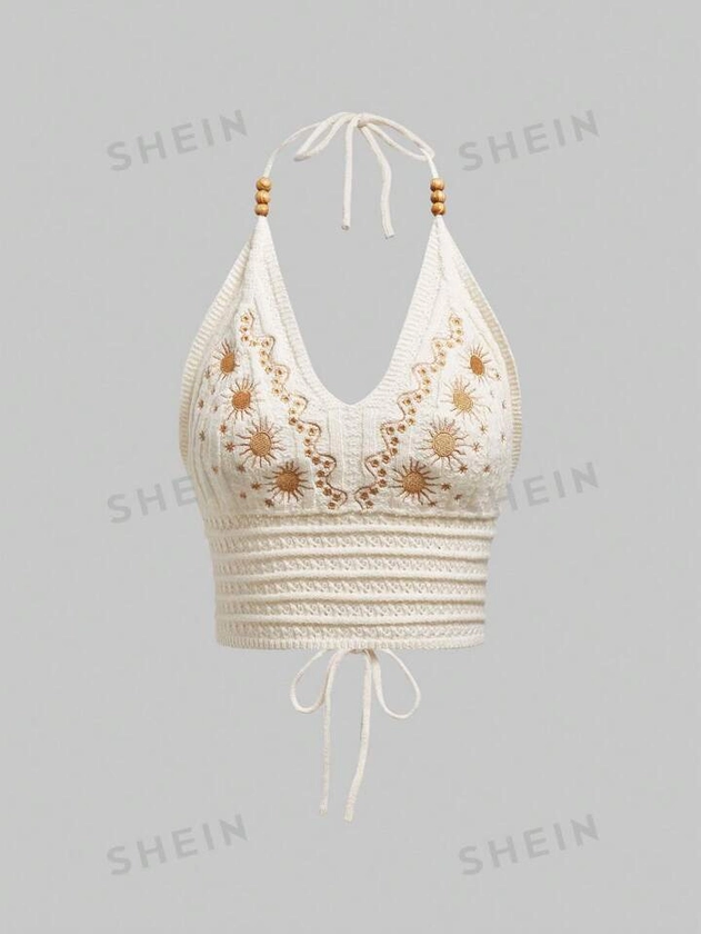 ROMWE Hippie Plus Size Women Embroidered Minimalist Daily Knit Top | SHEIN USA