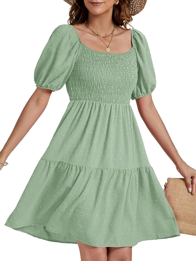 Umenlele Women's Puff Short Sleeve Smocked Tiered Swing Swiss Dot A Line Short Mini Dress