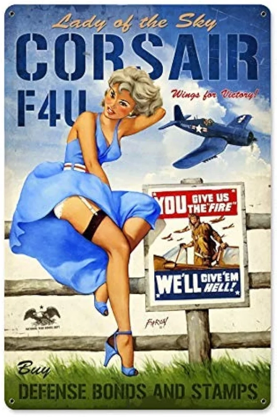 Maizeco Corsair F4U Pin Up Girl Metal Tin Signs 8 x 12 Inch for Bar Indoor Restaurant Room Tavern Poster Personalized Wall Decor Sign