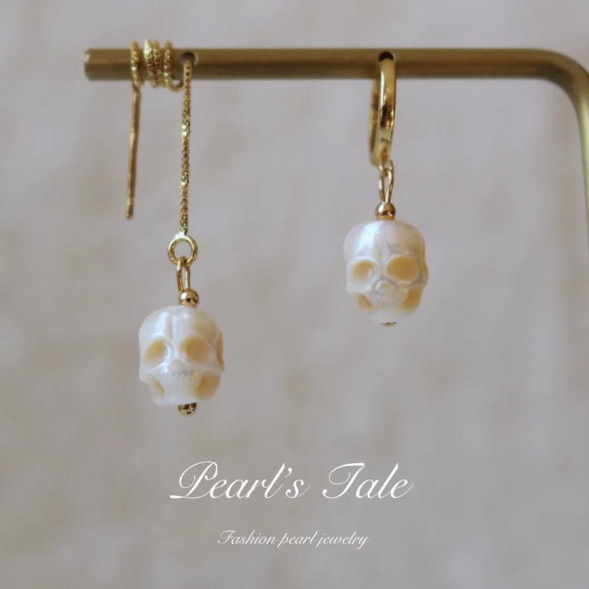 Natural Pearl Skull Hoop Earrings Hand-carved Pearl Skull Earrings 925 Sterling Silver Earrings 14k Gold Filled 18k Solid Gold Earrings - Etsy Japan