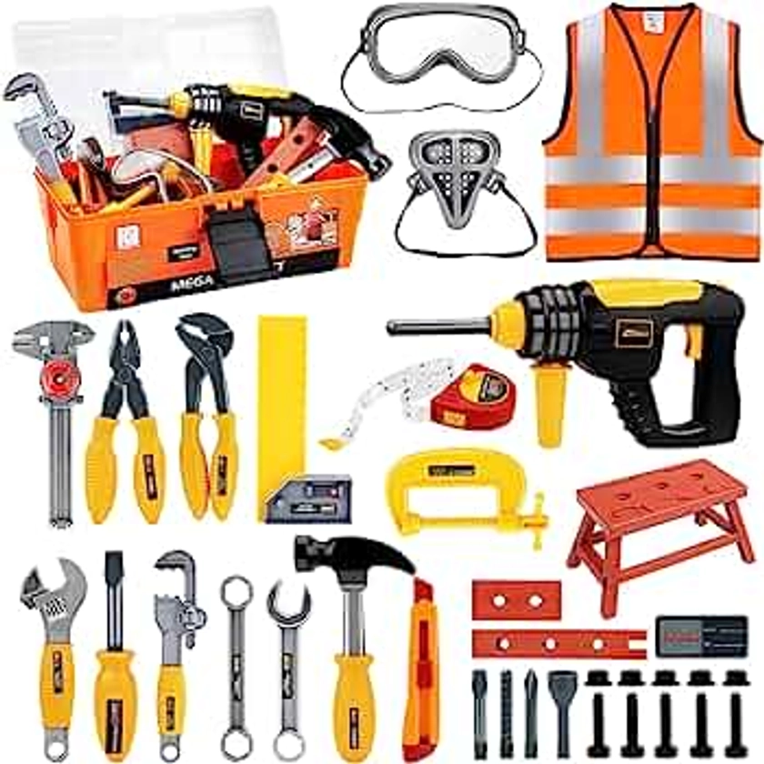 Deejoy Tool Set with Tool Box & Electronic Toy Drill, Pretend Play Kids Construction Kits for Kids Ages 3-5 Years Old, Toddler Boy Toys(Orange)