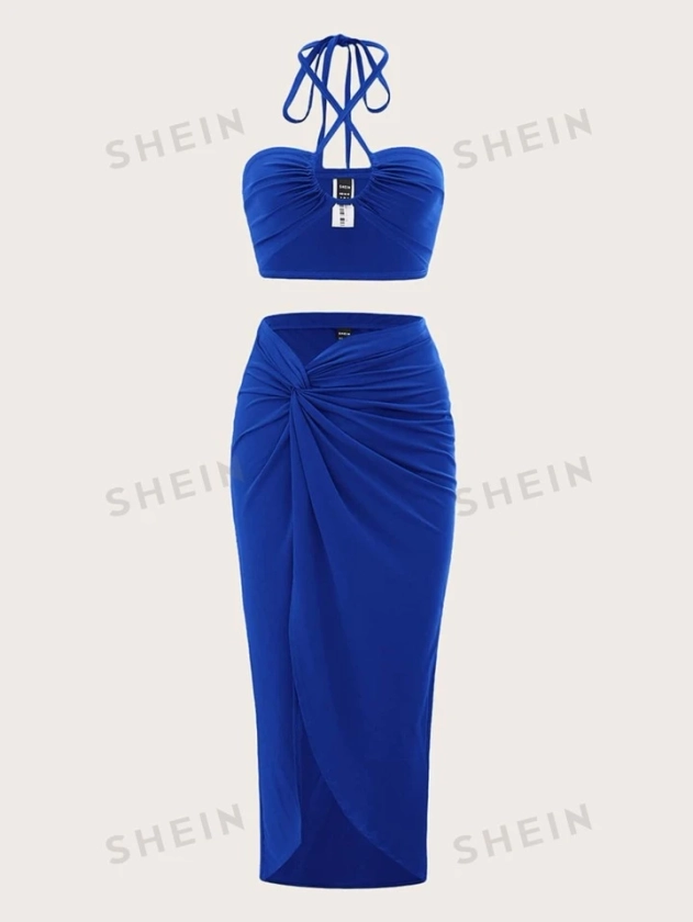 SHEIN ICON Two Piece Tie Back Halter Top & Twist Front Skirt | SHEIN UK