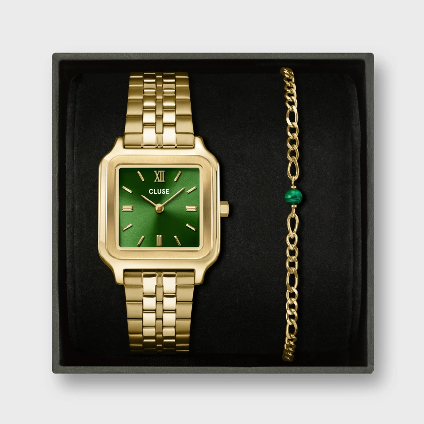 Gift Box Gracieuse Watch Steel Forest Green & Malachite Bracelet, Gold Colour