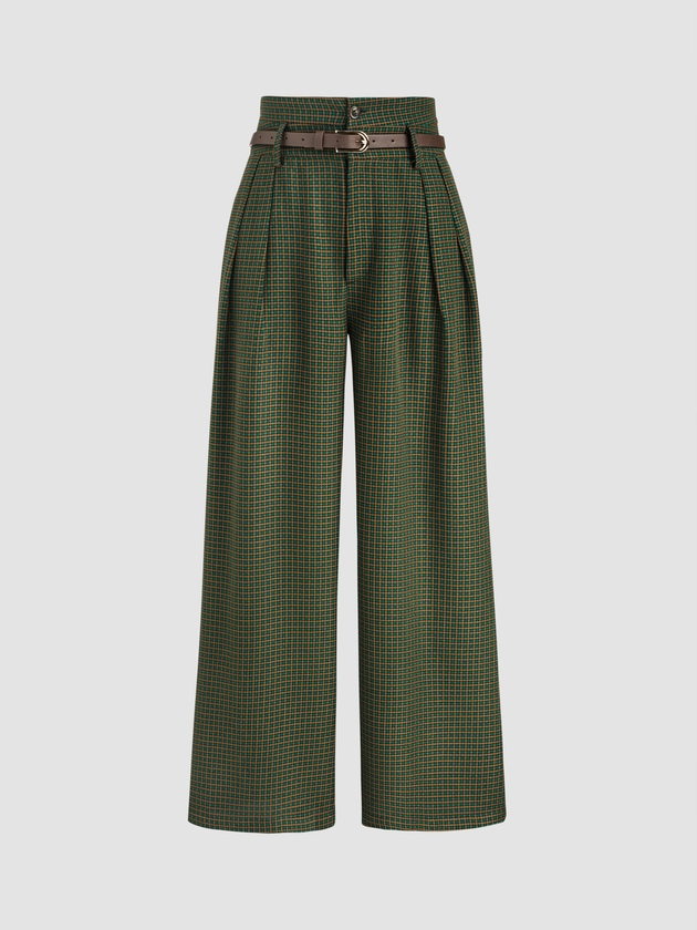 Houndstooth High Waist Belted Wide Leg Trousers