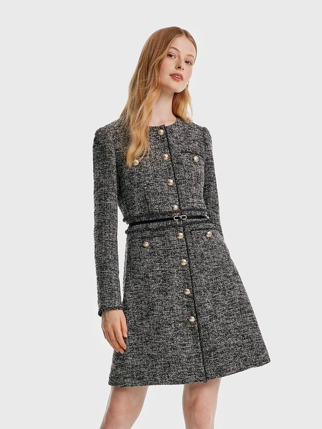 Robe en tweed à col rond avec ceinture