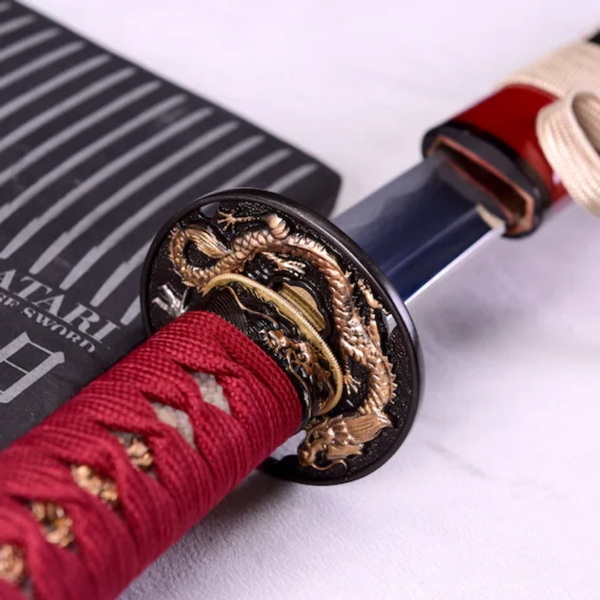 Handmade Tamahagane Sanmai Swords - Japanese Masterpiece Katana Sword, Three-Shade Hand-Pilished Blade, Red collectible katana, Gift For Men