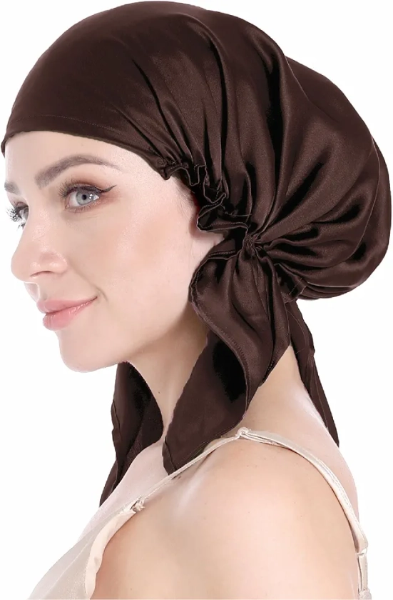 100% Silk Bonnet for Sleeping, Hair Bonnet with Tie Band, Large Silk Sleep Cap for Curly Hair, Silk Hair Wrap for Hair Care Brown