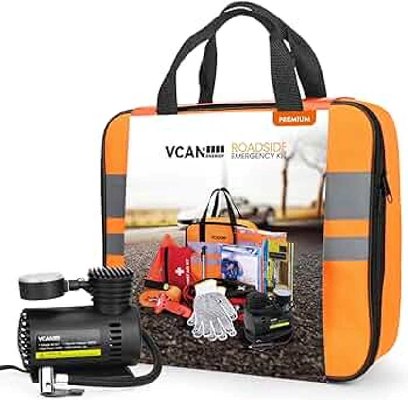 VCANENERGY - Kit de seguridad de emergencia para coche con compresor de aire portátil, cables de puente, kit de primeros auxilios, medidor de presión de neumáticos, kits de asistencia en el lado de la