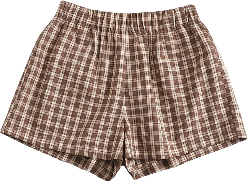 OYOANGLE Women's Plus Size Plaid Pajama Shorts Elastic Waisted Sleep Lounge Shorts