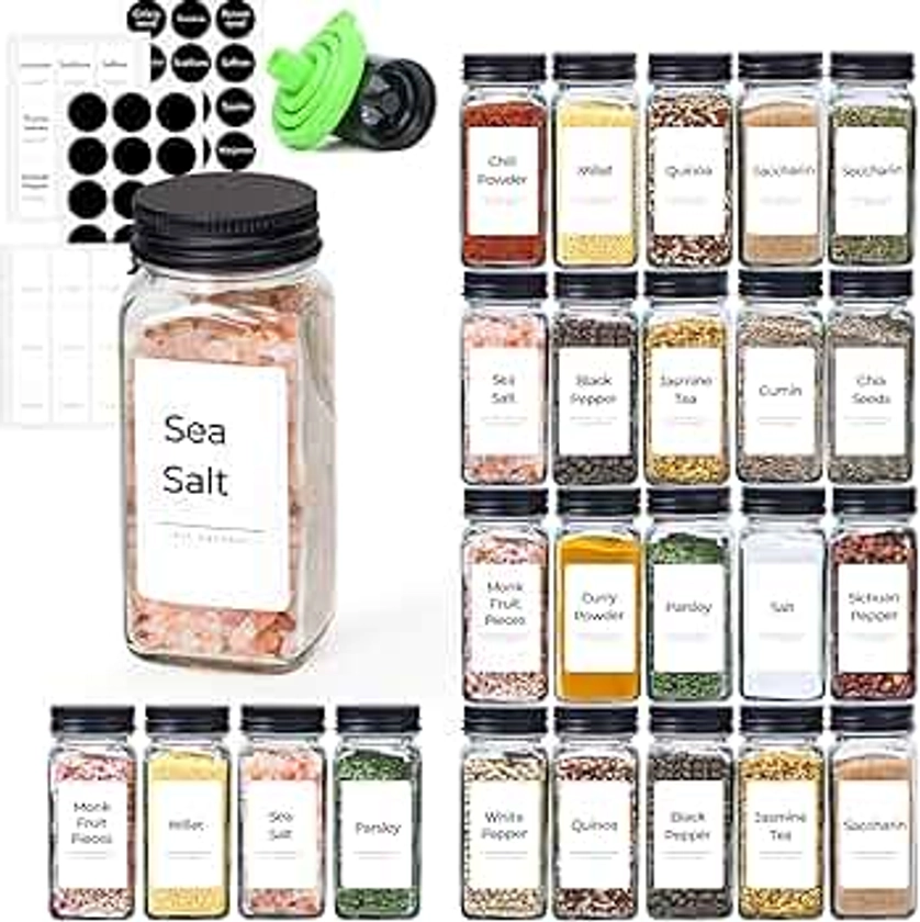 ComSaf 24Pcs 4oz Glass Spice Jars with Shaker Lids, 93 Labels, a Handy Funnel, a Pepper Grinder, Empty Spice Containers and Square Spice Bottles for Kitchen and Seasoning