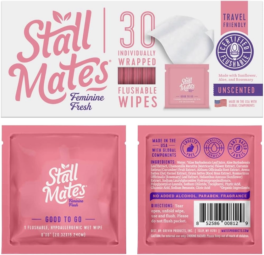 Stall Mates Wipes Feminine Fresh: Flushable, individually wrapped for travel. Unscented & PH balanced with Sunflower, Rosemary Aloe (30 on-the-go singles), White, 10.4 ounces, 30.0 count