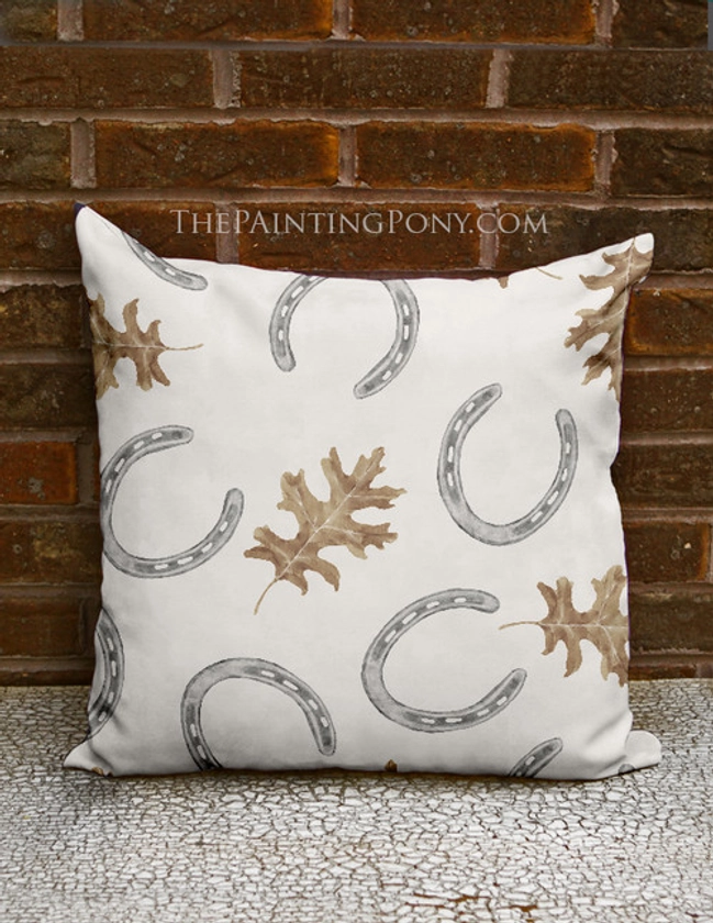 Watercolor Horse Shoes and Fall Leaves Equestrian Throw Pillow