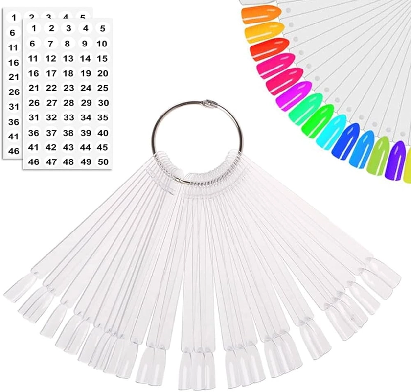 JASSINS 50 Pcs Nail Swatch Sticks with Ring and Numbered Tips - Clear Fan-shaped Display for Nail Art Polish Practice