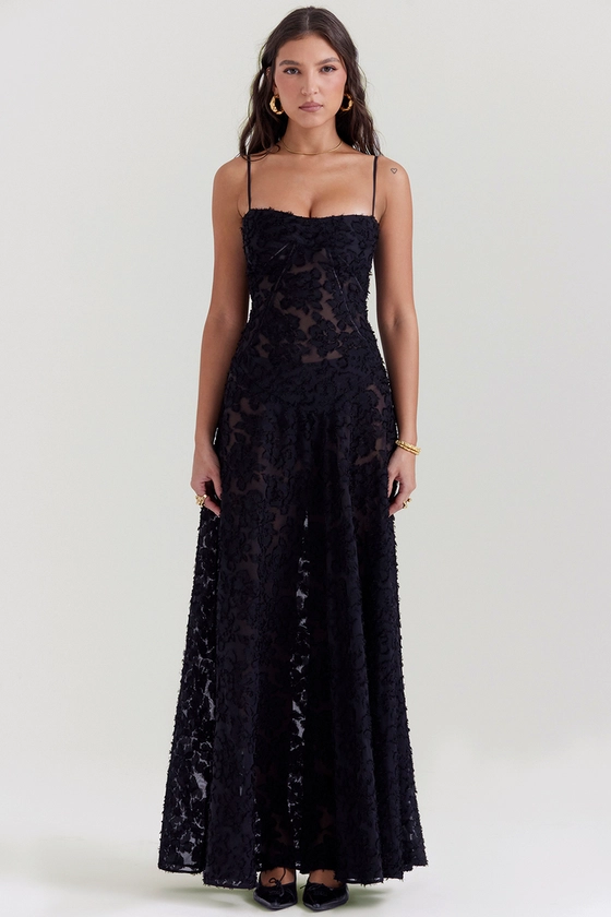 Clothing : Maxi Dresses : 'Seren' Black Floral Lace Back Maxi Dress