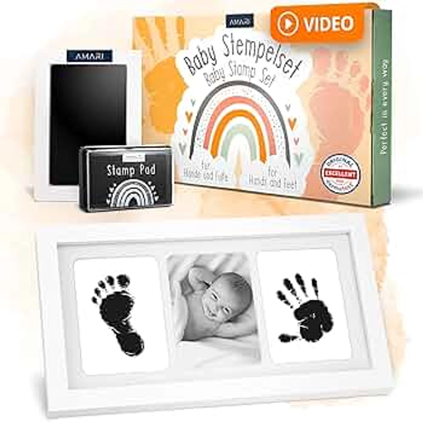Amari ® Set d'empreintes de main et de pied de bébé avec 2 tampons encreurs et 4 cartes d'impression - Cadeau kit pour bébé - Empreinte de main et de pied avec cadre photo - Baby Party cadeau