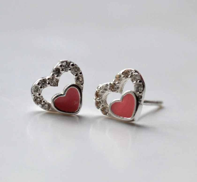 Sterling Silver 925 White CZ and Pink Enamelled Heart Stud Earrings Birthday, Bridesmaids,valentines Day Gift - Etsy UK
